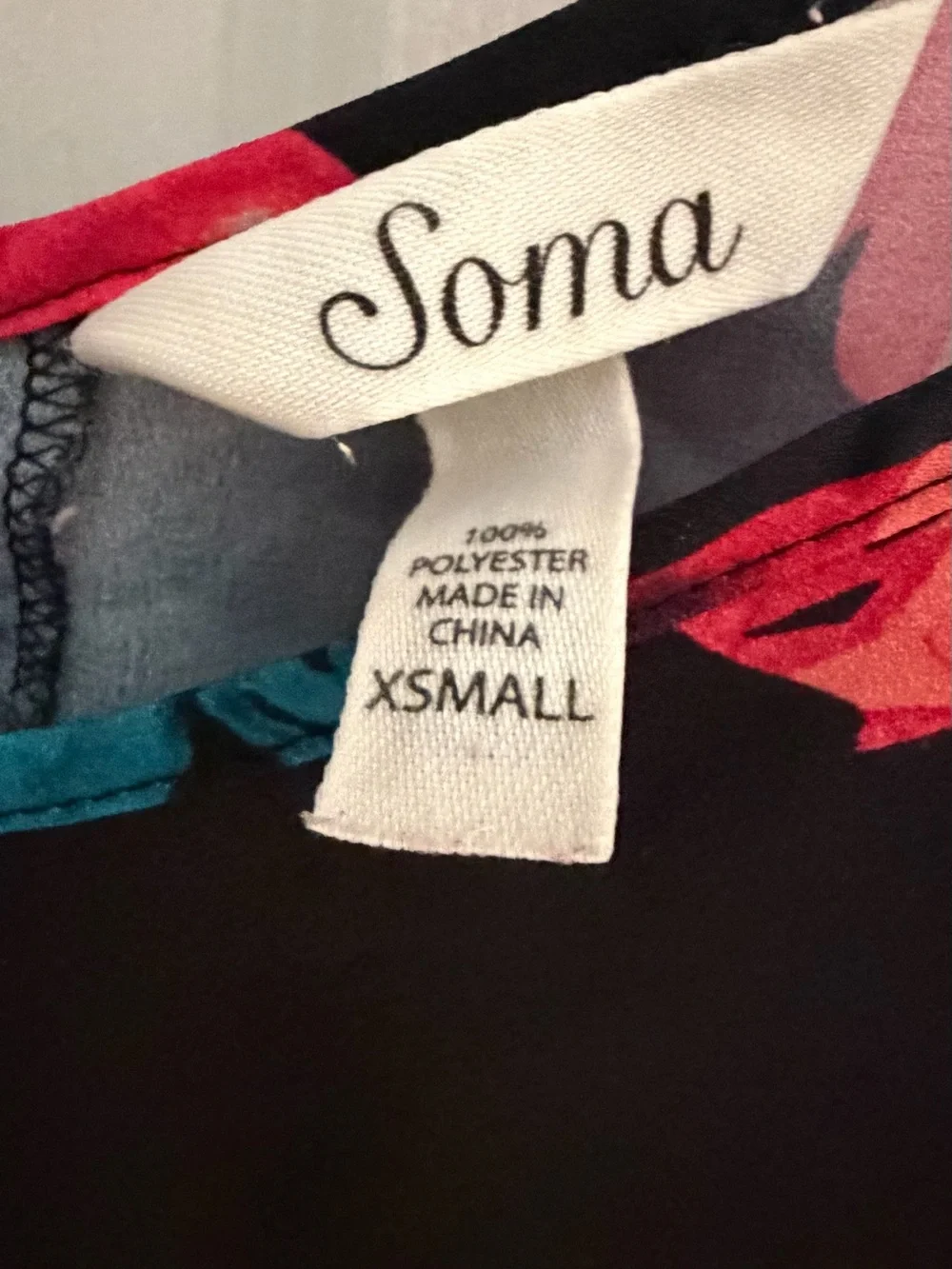 Soma XS Floral Pajama Set V-Neck Top & Pants Black Pink Teal
